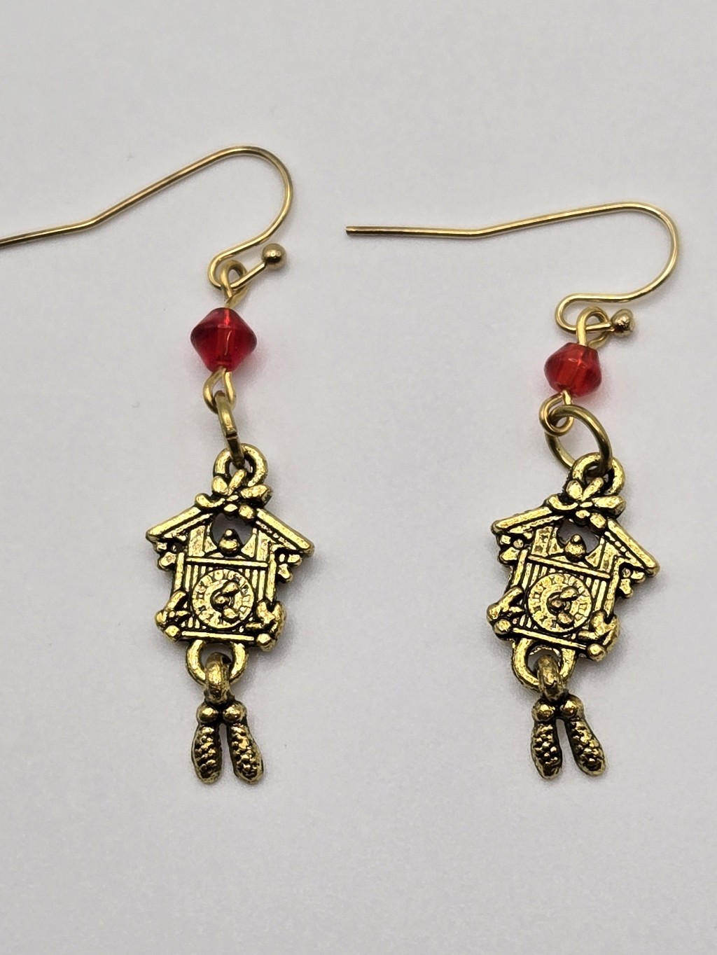 Cuckoo Clock Antiqued Gold Tone Dangle Earrings Handmade Jewelry Bird Red